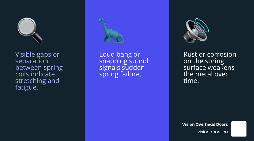Infographic showing signs of a wearing out garage door spring including gaps, rust, heavy door, and loud noise - how to tell Infographic showing signs of a wearing out garage door spring including gaps, rust, heavy door, and loud noise - how to tell