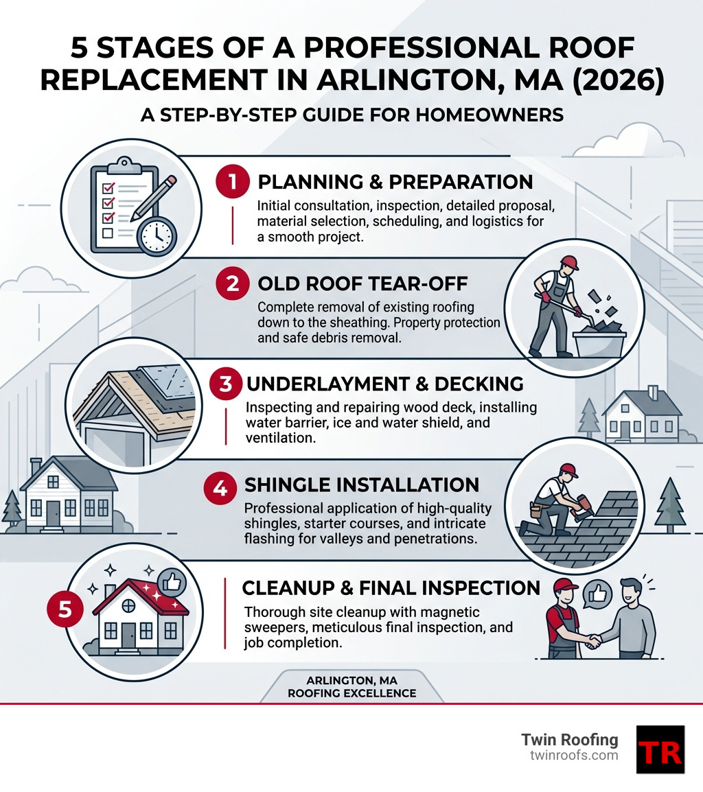 5 stages of a professional roof replacement in Arlington MA 2026 infographic - Arlington MA roofers infographic 