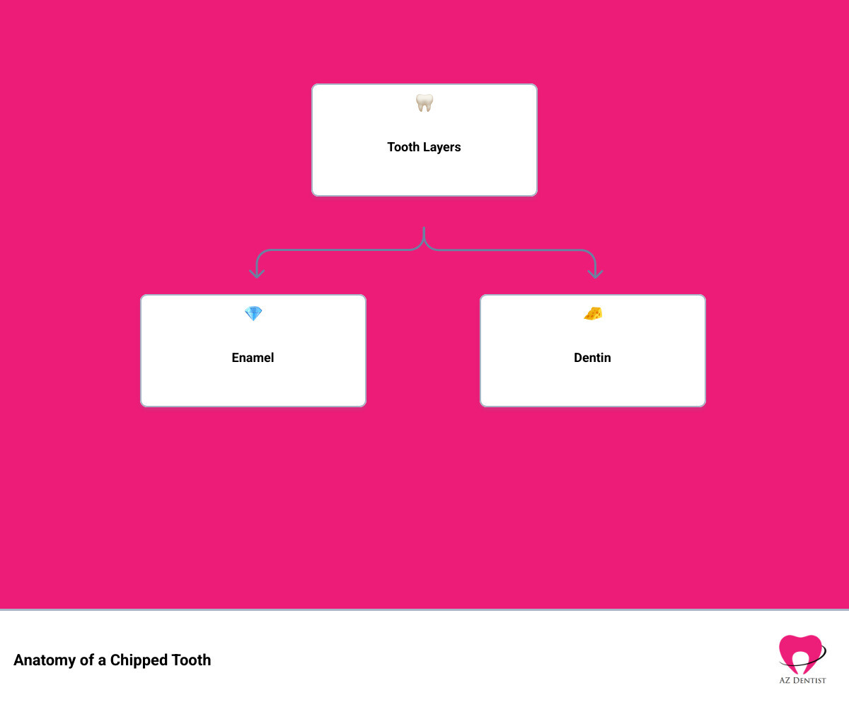 Anatomy of a chipped tooth showing enamel, dentin, and pulp layers with common chip types - Chipped tooth Phoenix