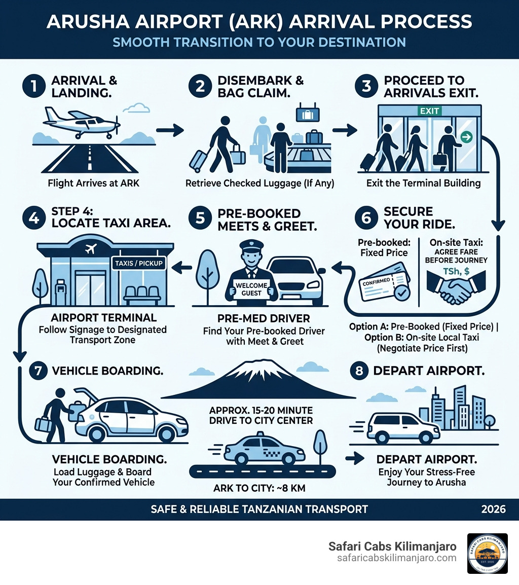 Arusha Airport ARK arrival process infographic showing steps from landing to taxi pickup - arusha airport taxi infographic 