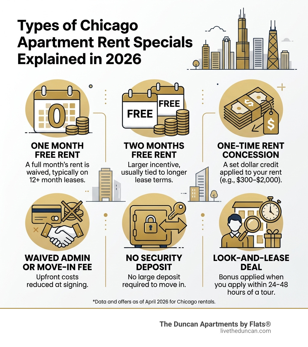 Types of Chicago apartment rent specials explained in 2026 - Chicago apartment rent specials infographic Types of Chicago apartment rent specials explained in 2026 - Chicago apartment rent specials infographic