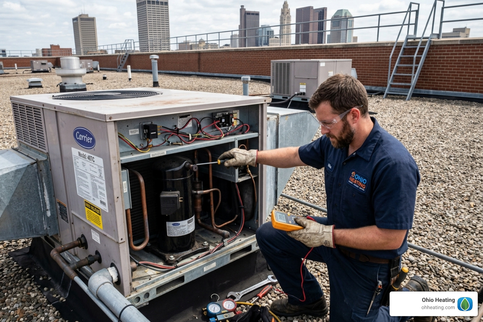 Ohio Heating technician inspecting a commercial AC compressor - commercial hvac maintenance plan