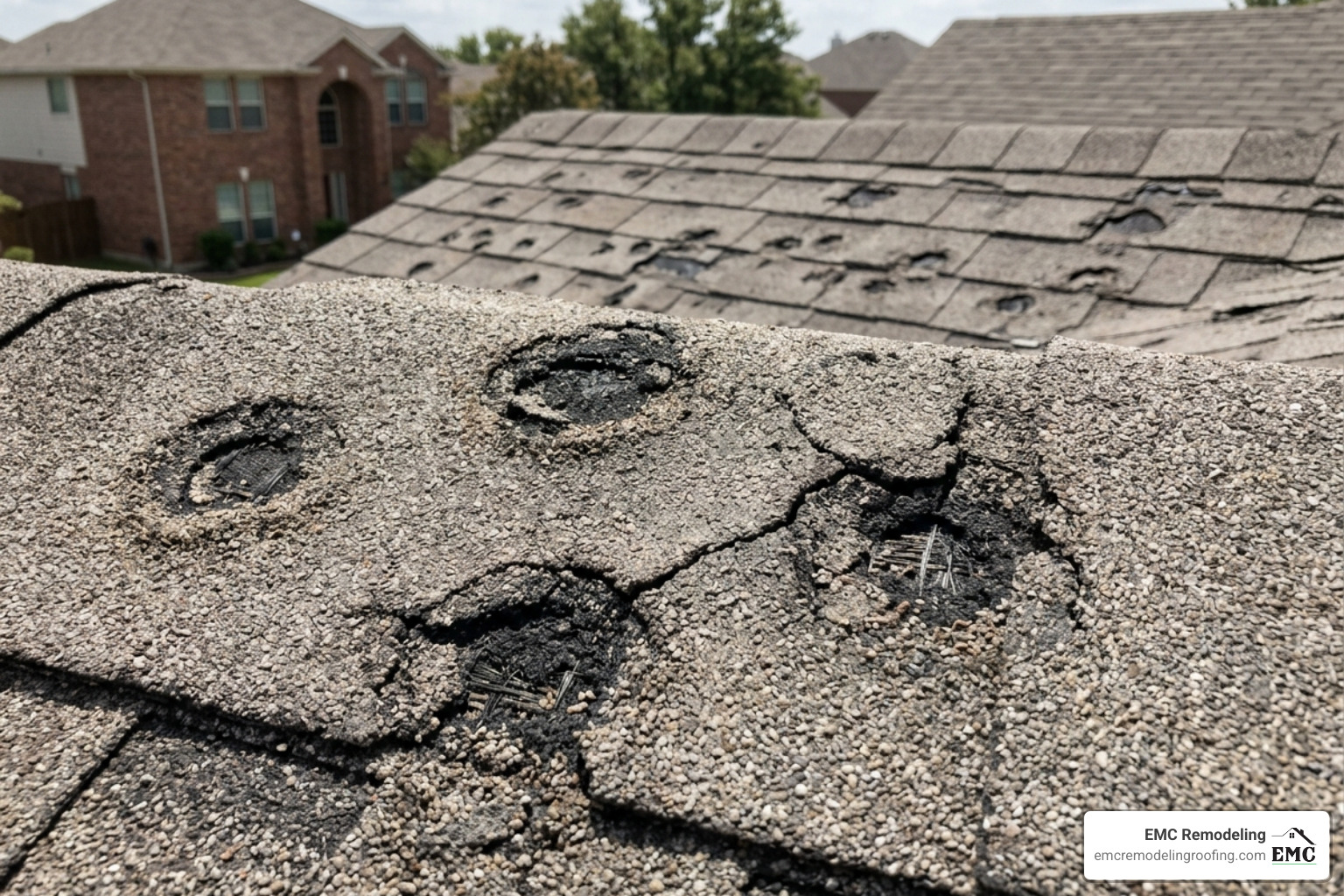 hail-bruised asphalt shingles showing impact marks and granule loss - roof repair leander