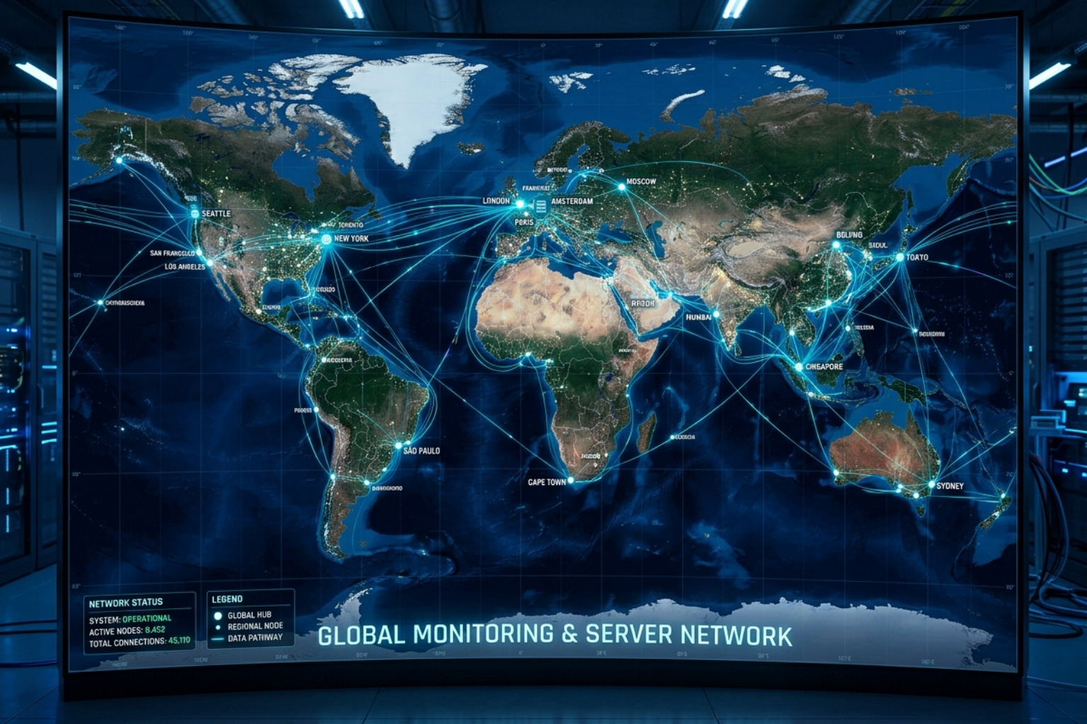 A global map showing monitoring nodes in various continents - WordPress uptime monitoring services