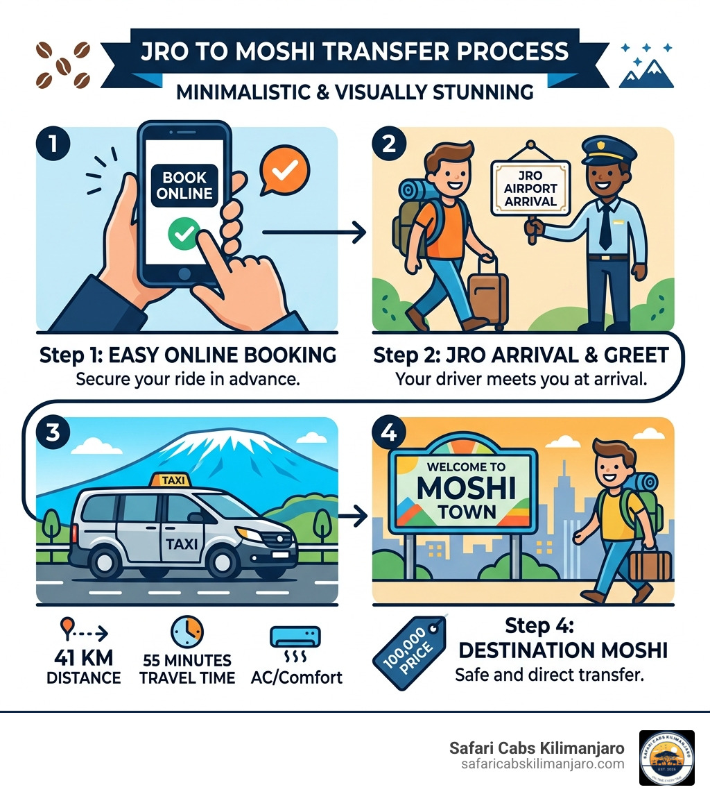 Infographic showing JRO to Moshi transfer process with distances, prices, and travel times - moshi taxi infographic 
