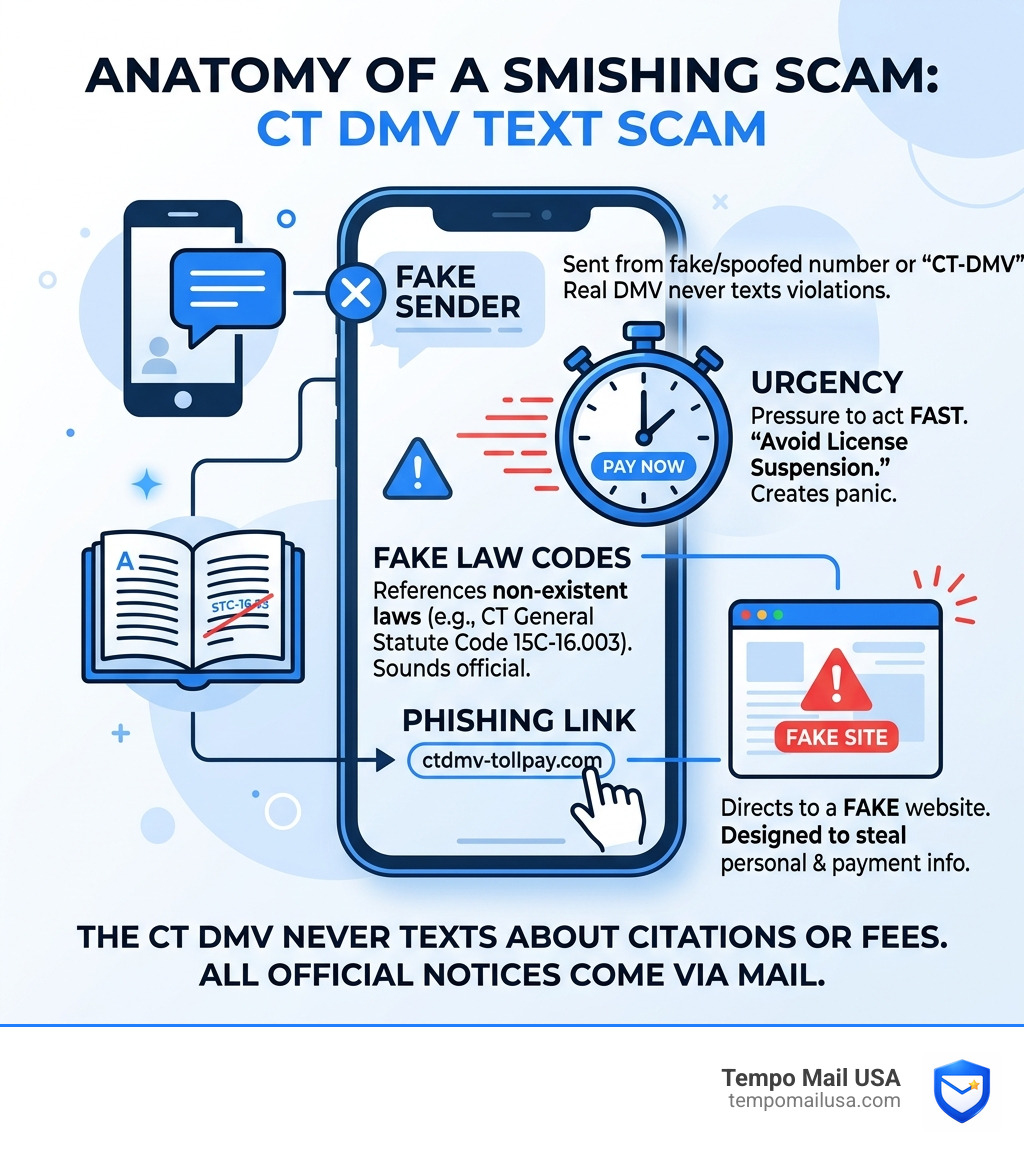 Anatomy of a smishing scam: fake sender, urgency, fake law codes, phishing link - ct dmv text scam infographic Anatomy of a smishing scam: fake sender, urgency, fake law codes, phishing link - ct dmv text scam infographic