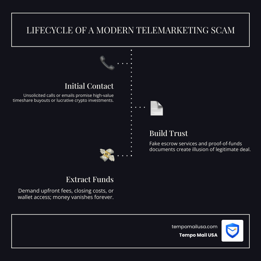 Lifecycle of a modern telemarketing scam from first contact to financial loss - idiosyncramounties llc scam infographic Lifecycle of a modern telemarketing scam from first contact to financial loss - idiosyncramounties llc scam infographic