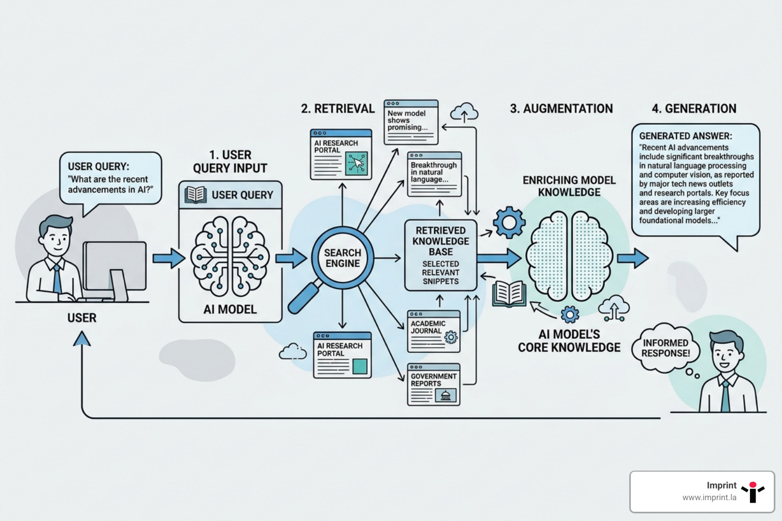 Illustration of the Retrieval-Augmented Generation RAG process where AI pulls web content to create answers - ai seo