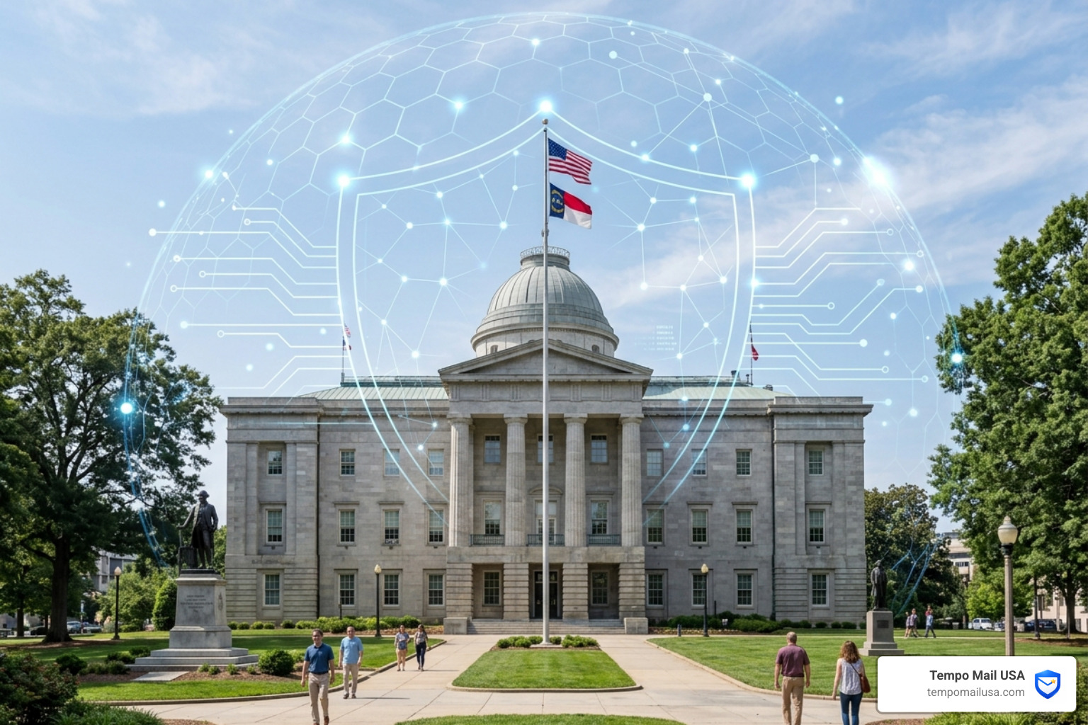 North Carolina State Capitol with a digital security overlay representing state-wide protection - nc dmv scam text North Carolina State Capitol with a digital security overlay representing state-wide protection - nc dmv scam text