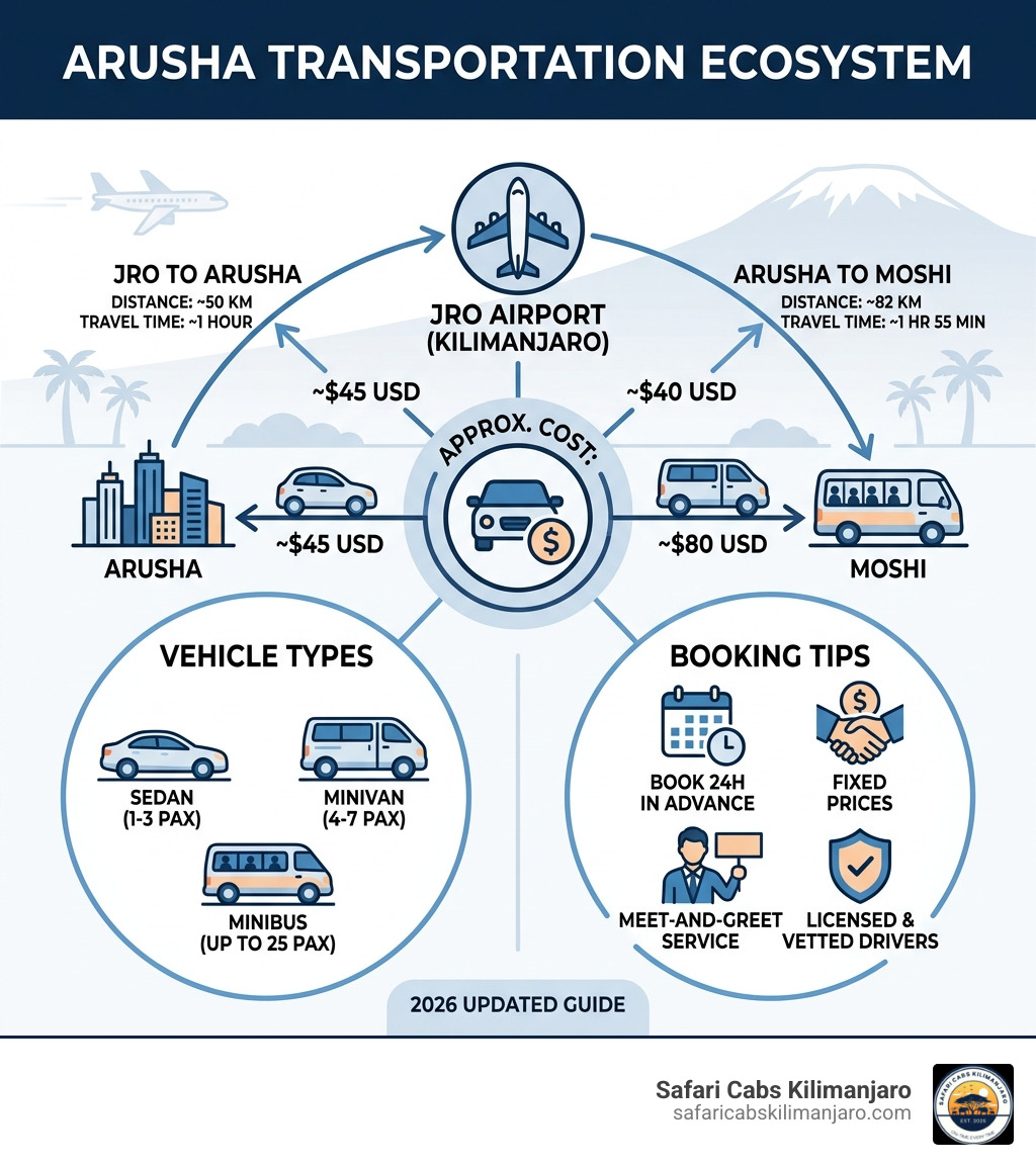 Infographic showing Arusha transportation ecosystem: JRO airport, key routes, distances, vehicle types, and booking tips
