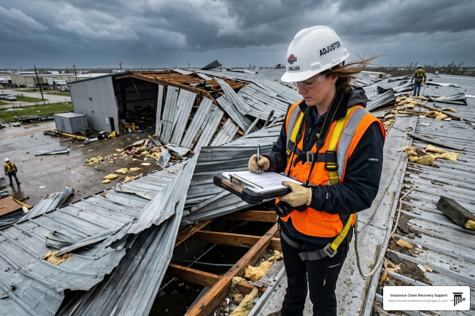 Public adjuster inspecting a storm-damaged warehouse roof - Policyholder representation Public adjuster inspecting a storm-damaged warehouse roof - Policyholder representation
