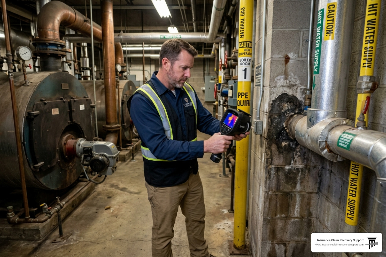Public adjuster using thermal imaging to detect hidden moisture in a commercial boiler room - HOA water loss adjuster Public adjuster using thermal imaging to detect hidden moisture in a commercial boiler room - HOA water loss adjuster