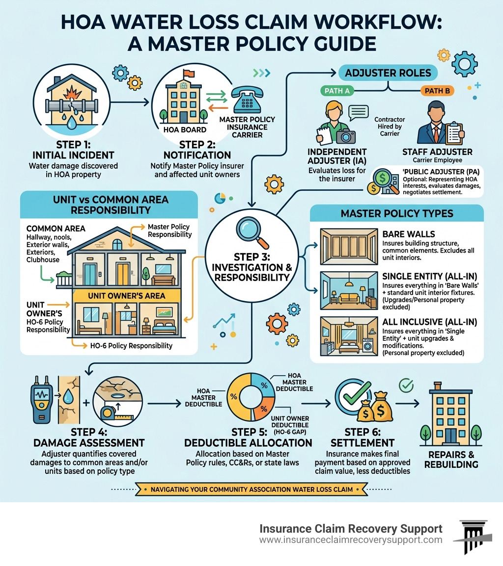 HOA water loss claim workflow infographic: master policy types, adjuster roles, unit vs. common area responsibility HOA water loss claim workflow infographic: master policy types, adjuster roles, unit vs. common area responsibility