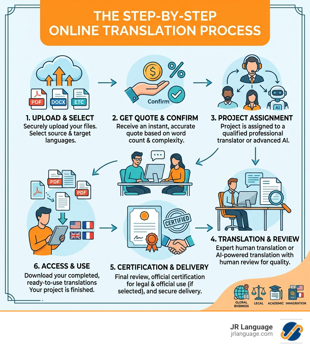 Step-by-step overview of how online translation services work, from upload to certified delivery - online translation Step-by-step overview of how online translation services work, from upload to certified delivery - online translation