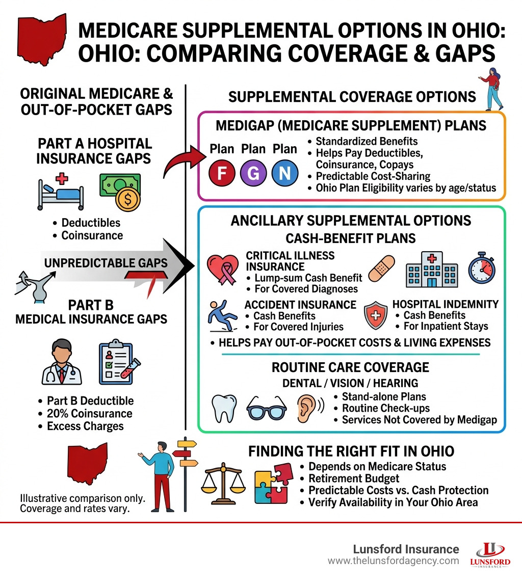 Overview infographic comparing Original Medicare gaps vs. Medigap and ancillary supplemental coverage options in Ohio