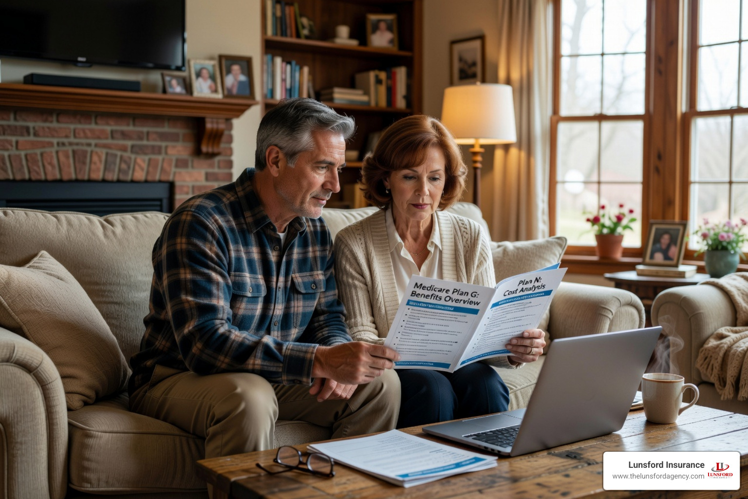 Senior couple on a couch reviewing Medicare Plan G and N options - supplemental health insurance ohio