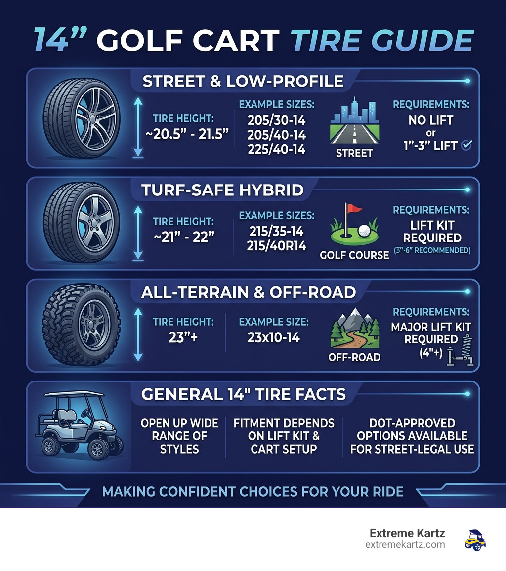 infographic showing 14-inch golf cart tire sizes, heights, terrain uses, and lift kit requirements - golf cart tires 14