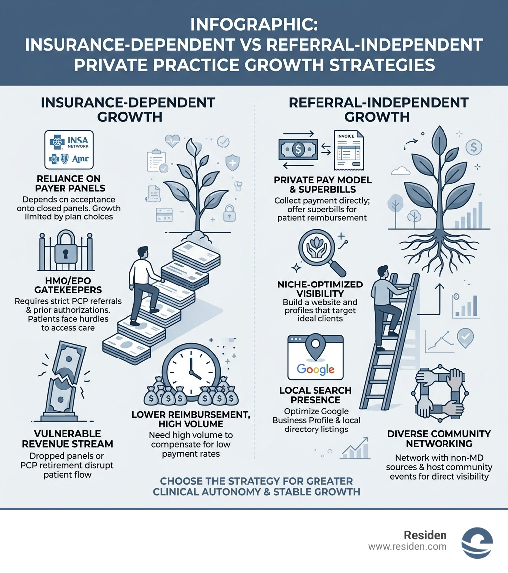 Infographic: Insurance-dependent vs referral-independent private practice growth strategies - How to Fill Your Schedule