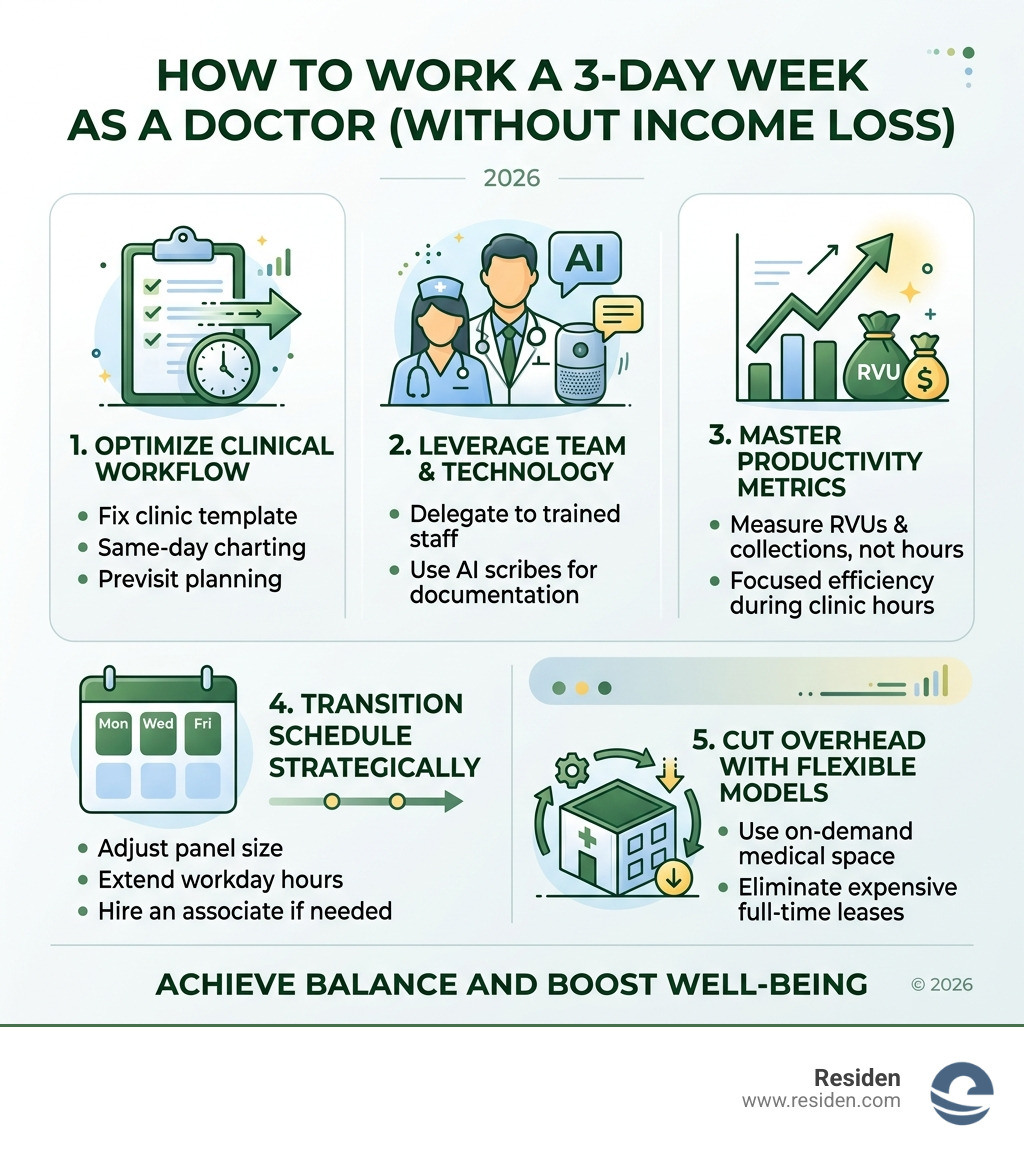 5-step infographic showing how doctors can transition to a 3-day workweek without income loss - How to Work 3 Days a Week as