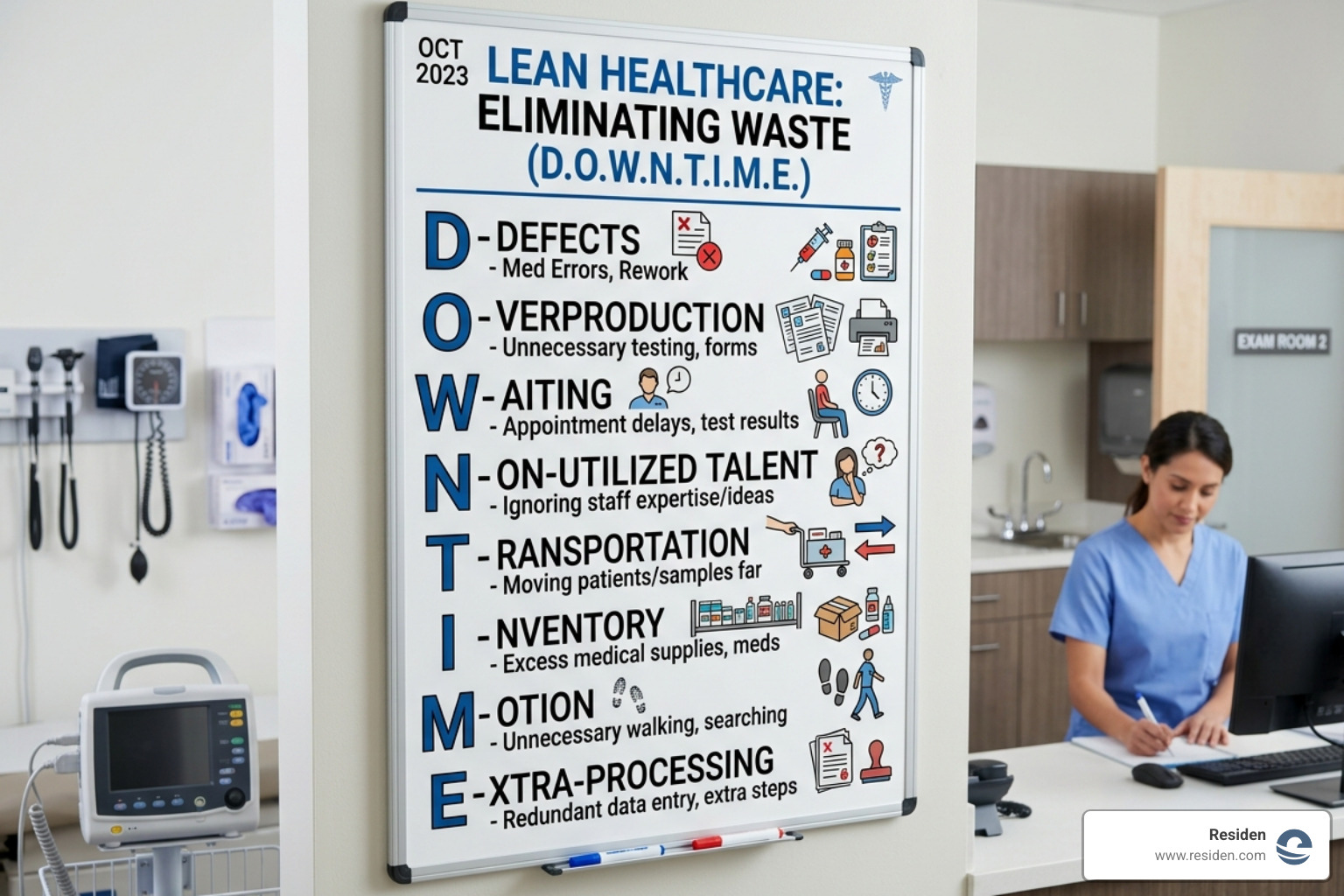 DOWNTIME acronym for healthcare waste: Defects, Overproduction, Waiting, Non-utilized talent, Transportation, Inventory