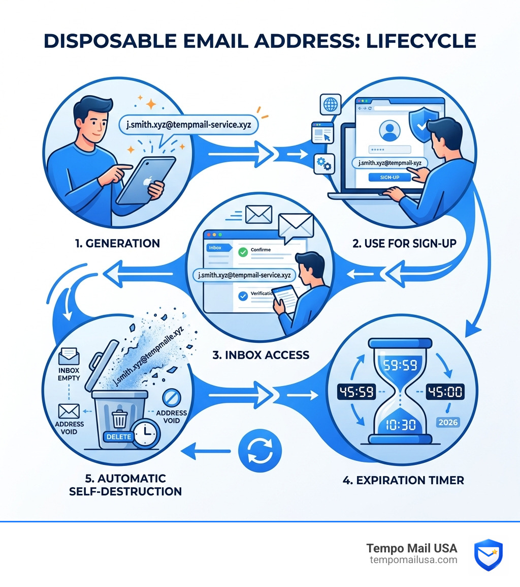 Lifecycle of a disposable email address from generation to automatic self-destruction - temp mail usa infographic 