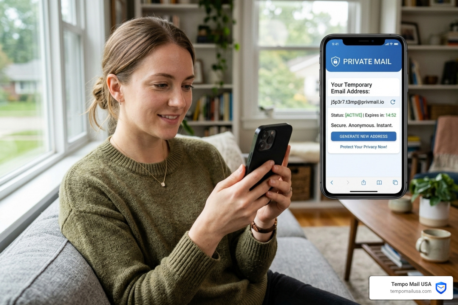 A user generating an anonymous email on a smartphone for instant privacy - temp mail usa