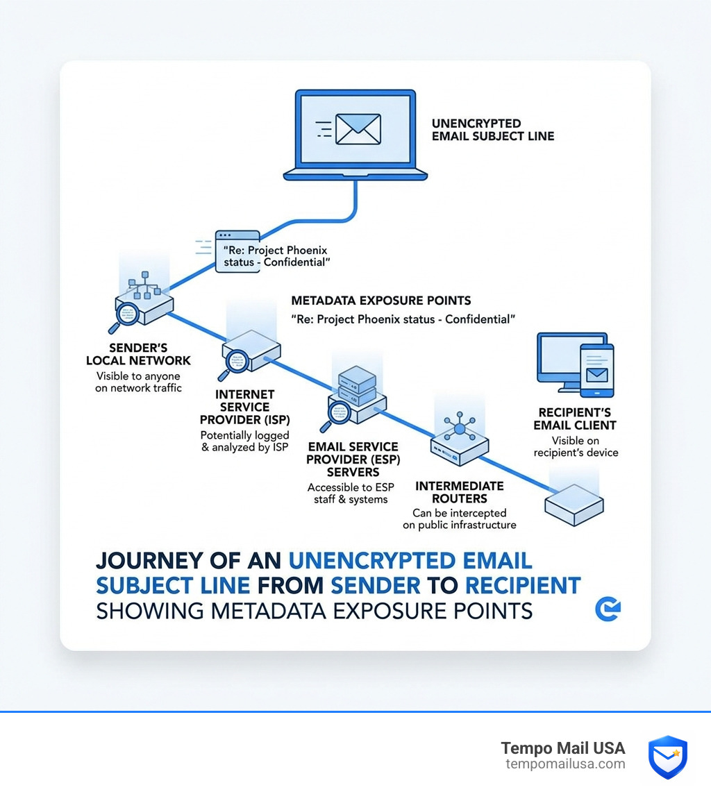 Journey of an unencrypted email subject line from sender to recipient showing metadata exposure points - encrypt email