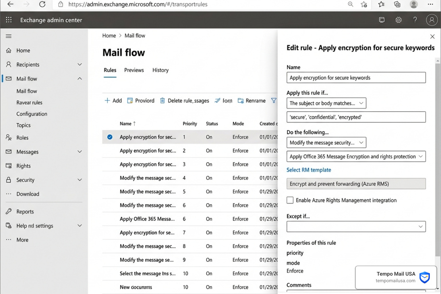 Outlook Exchange Admin Center interface showing mail flow rule configuration for encryption - encrypt email subject line