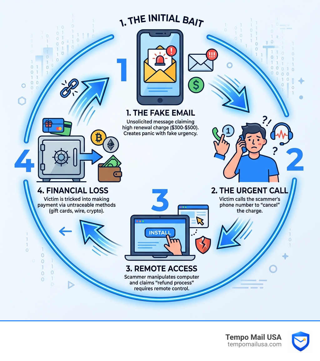 Lifecycle of a Geek Squad subscription scam from email to financial loss - geek squad subscription scam infographic Lifecycle of a Geek Squad subscription scam from email to financial loss - geek squad subscription scam infographic