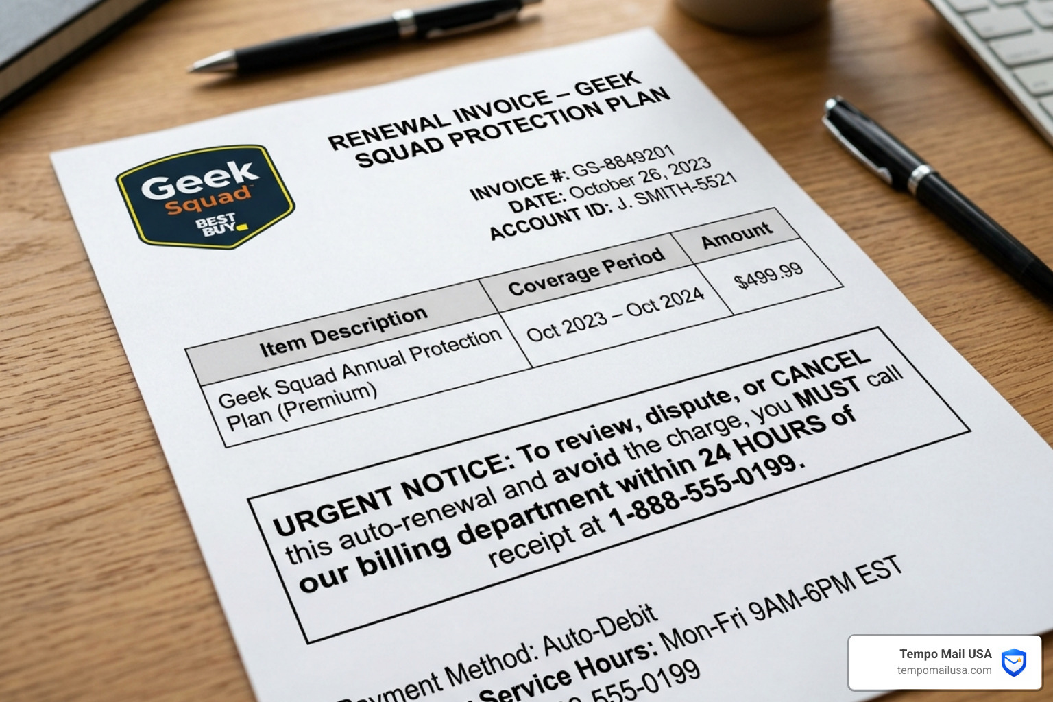 A fake $499.99 Geek Squad protection plan bill with urgent contact instructions - geek squad subscription scam A fake $499.99 Geek Squad protection plan bill with urgent contact instructions - geek squad subscription scam