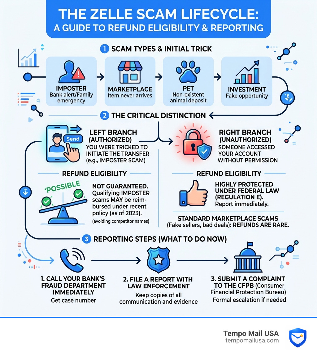 Zelle scam lifecycle: types, authorized vs unauthorized, refund eligibility, reporting steps - zelle scam refund infographic Zelle scam lifecycle: types, authorized vs unauthorized, refund eligibility, reporting steps - zelle scam refund infographic