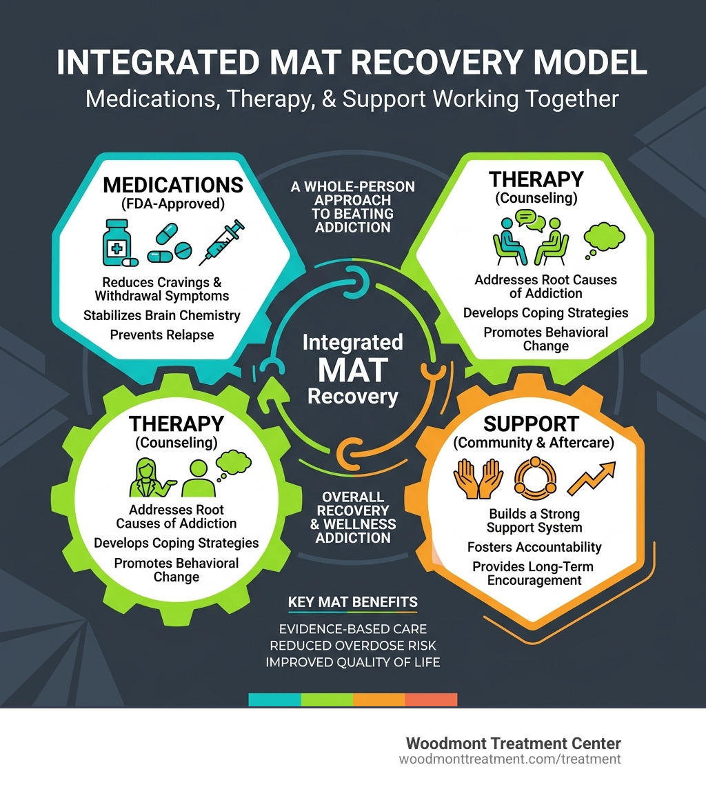 Integrated MAT recovery model showing medications, therapy, and support working together - medication assisted treatment nj