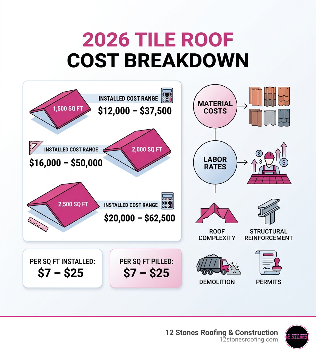 2026 tile roof cost breakdown infographic showing material costs, labor rates, and total installed prices by roof size