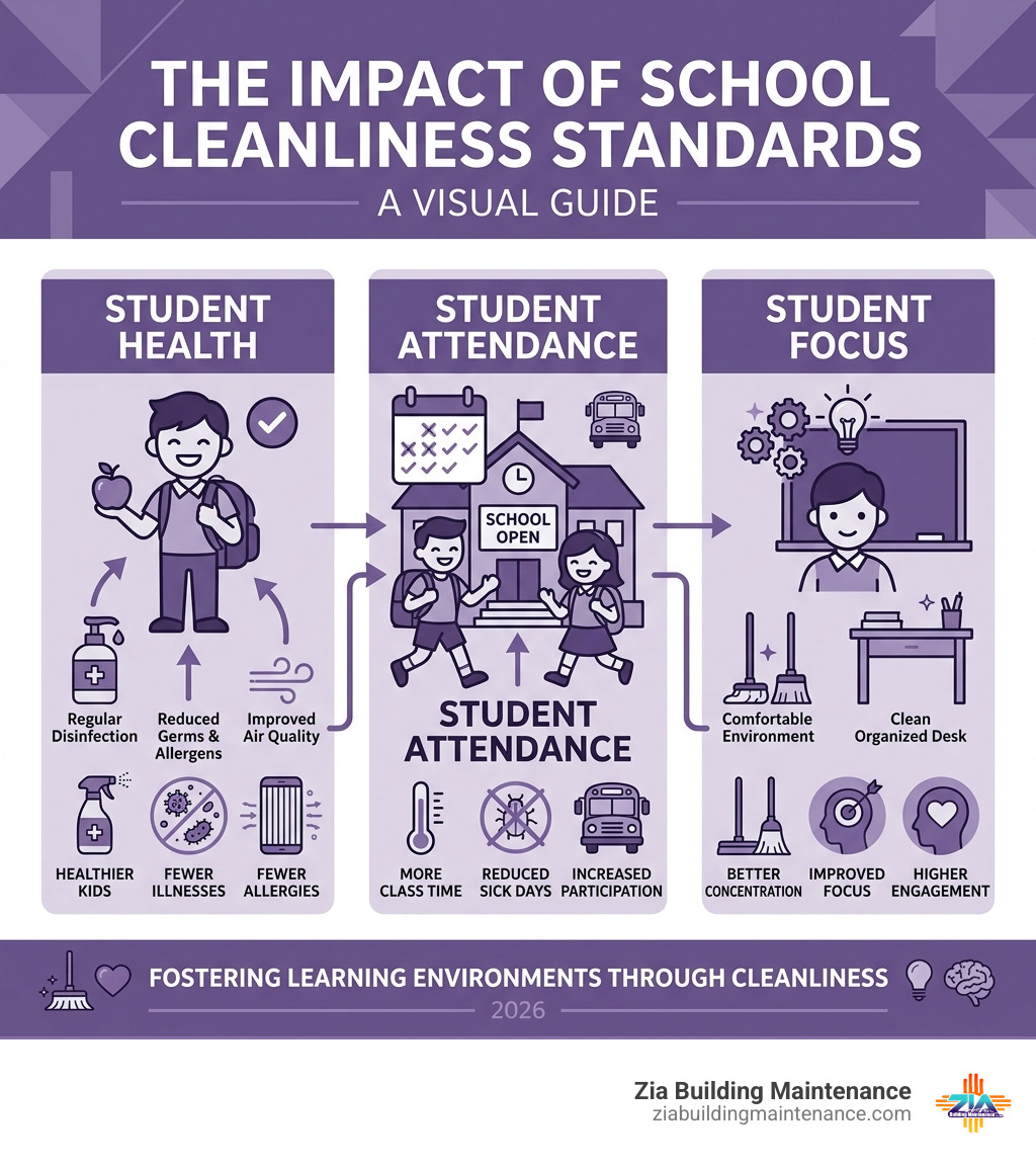 Infographic showing the link between school cleanliness standards and student health, attendance, and focus - Educational