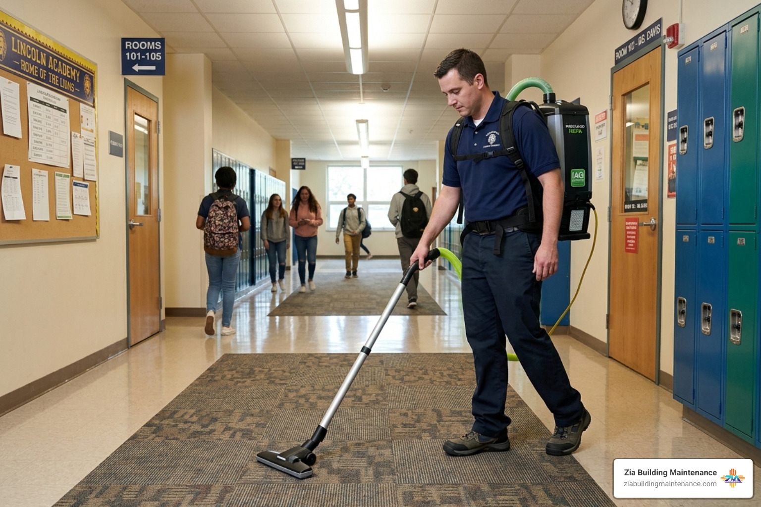 A technician using a high-tech HEPA backpack vacuum to improve indoor air quality - Educational facility cleaning