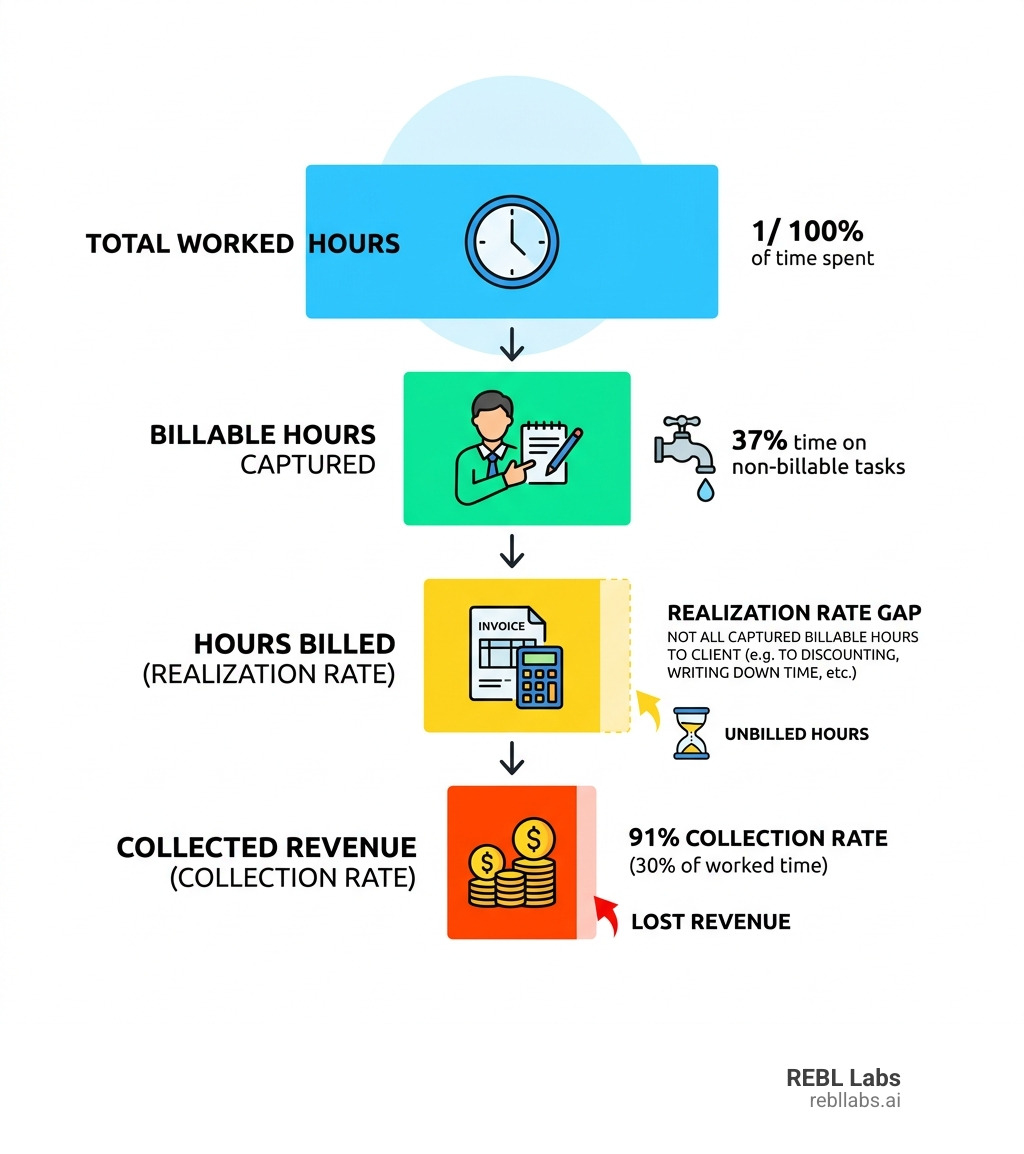 infographic showing gap between billable hours worked and collected revenue in law firms - Boost law firm revenue