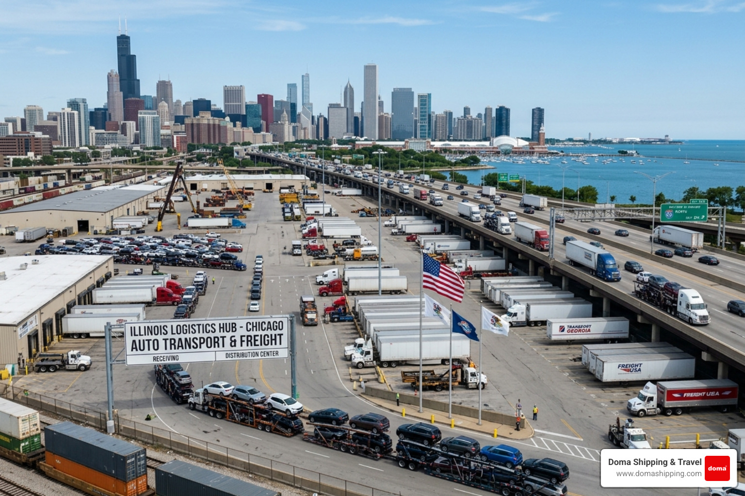 Chicago transport hub and skyline representing the destination for Georgia to Illinois vehicle shipping - georgia to