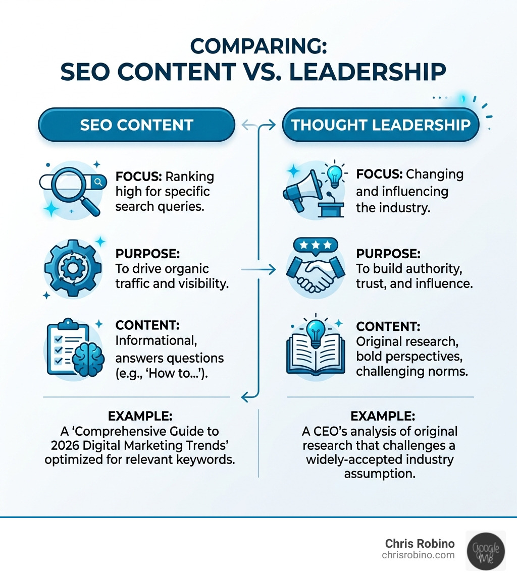 Infographic comparing SEO content vs. thought leadership with key characteristics and examples - example of thought