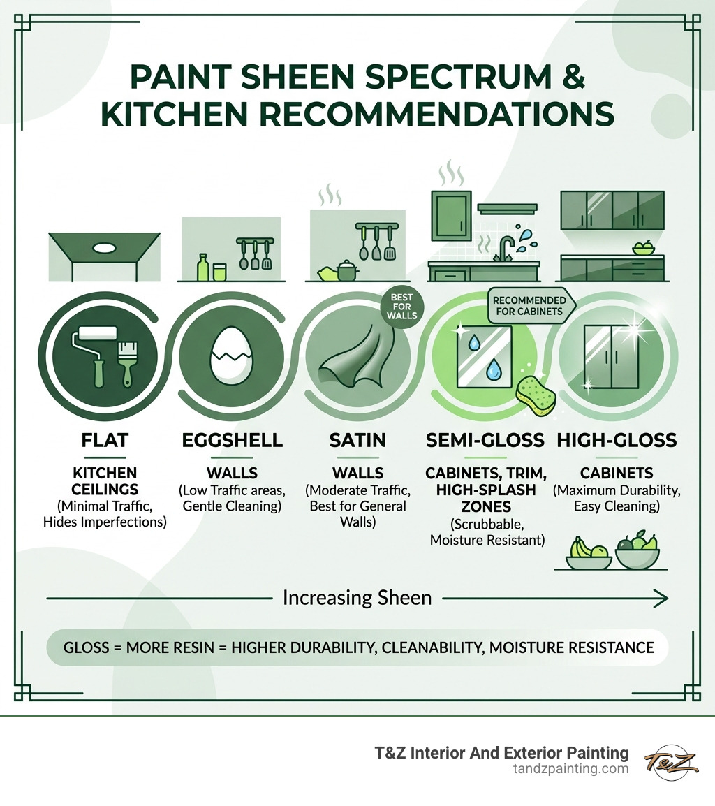 Paint sheen spectrum from flat to high-gloss with kitchen finish recommendations - best kitchen paint finish infographic Paint sheen spectrum from flat to high-gloss with kitchen finish recommendations - best kitchen paint finish infographic