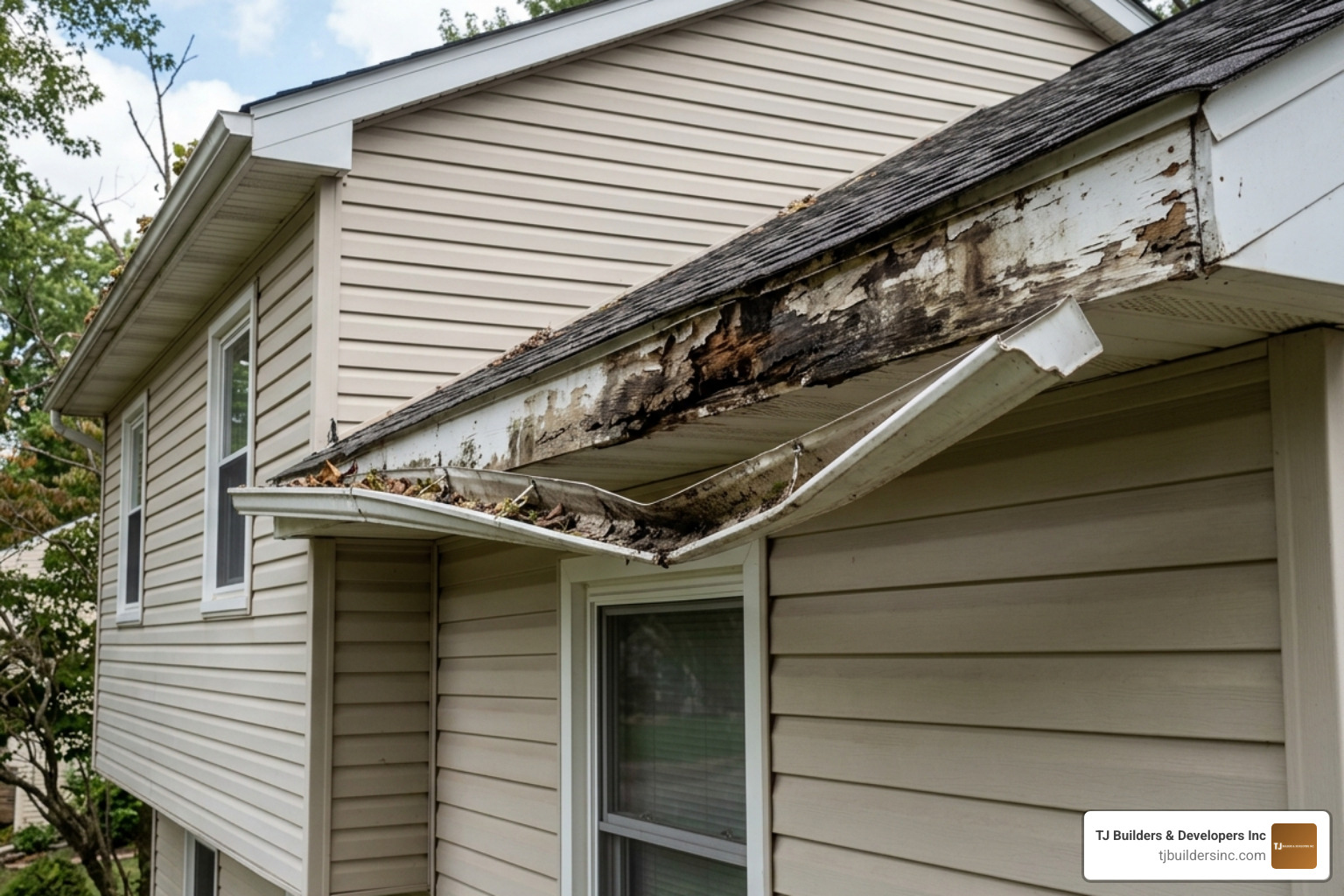 Home with sagging gutters and visible rot on the fascia boards - Barrington gutter repair specialists