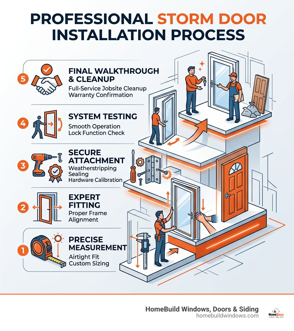 Infographic showing layers of professional storm door installation process from measurement to final walkthrough