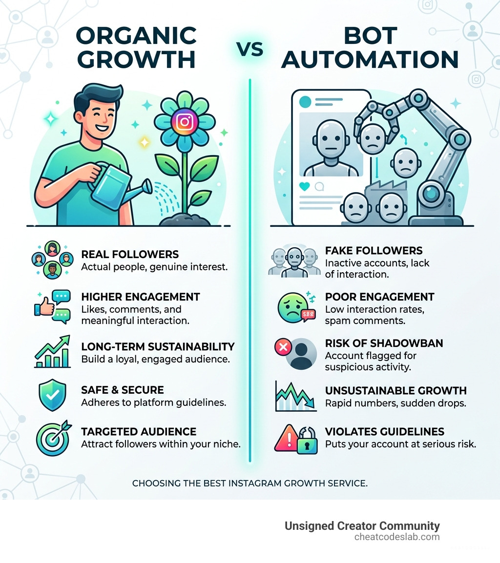Organic growth vs bot automation comparison infographic for Instagram growth services - Best Instagram growth service Organic growth vs bot automation comparison infographic for Instagram growth services - Best Instagram growth service