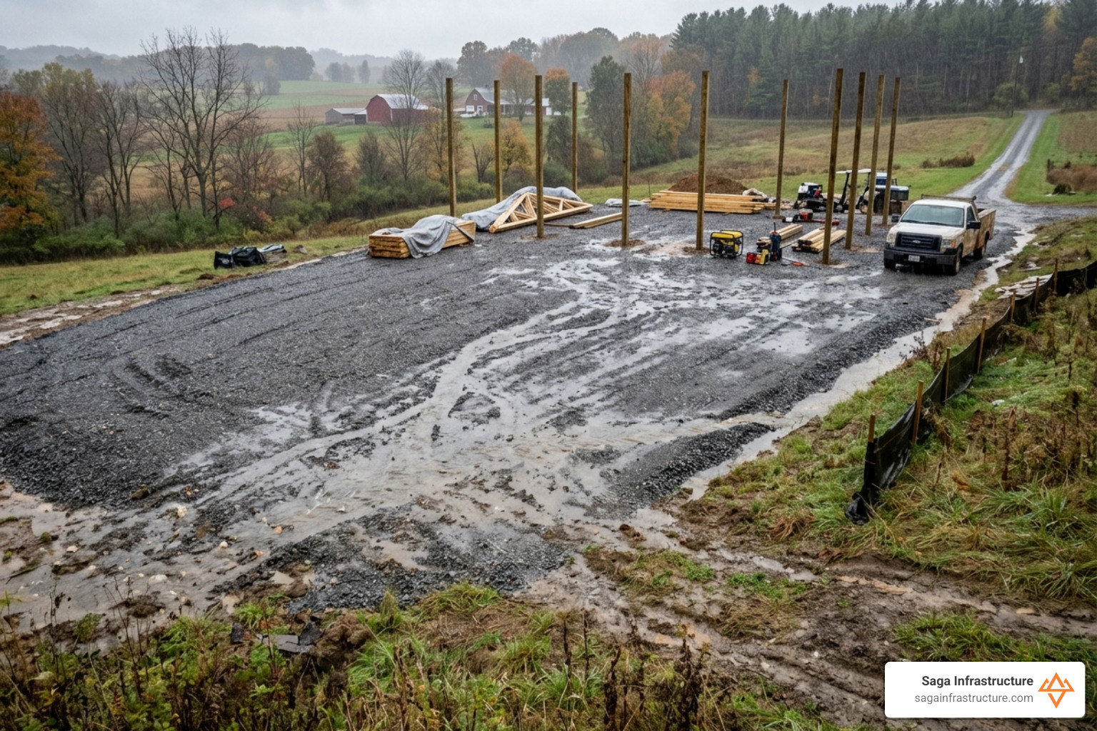 sloped gravel pad during rain showing water running away from the center - site prep for pole barn