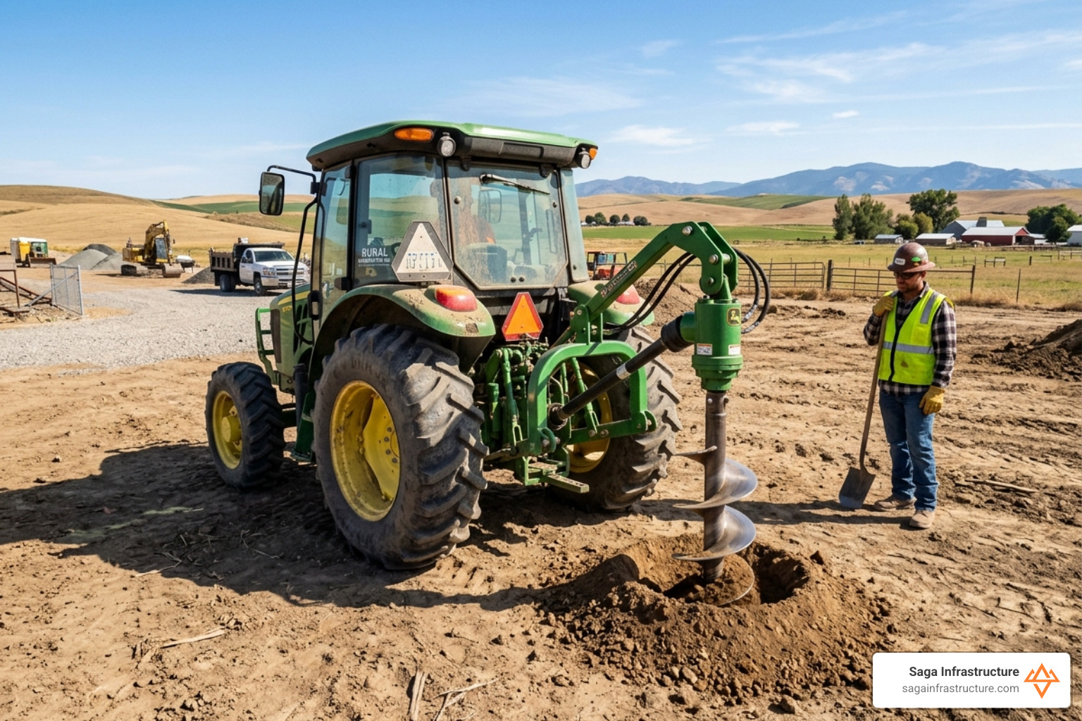 tractor with a post-hole auger digging a clean hole - site prep for pole barn