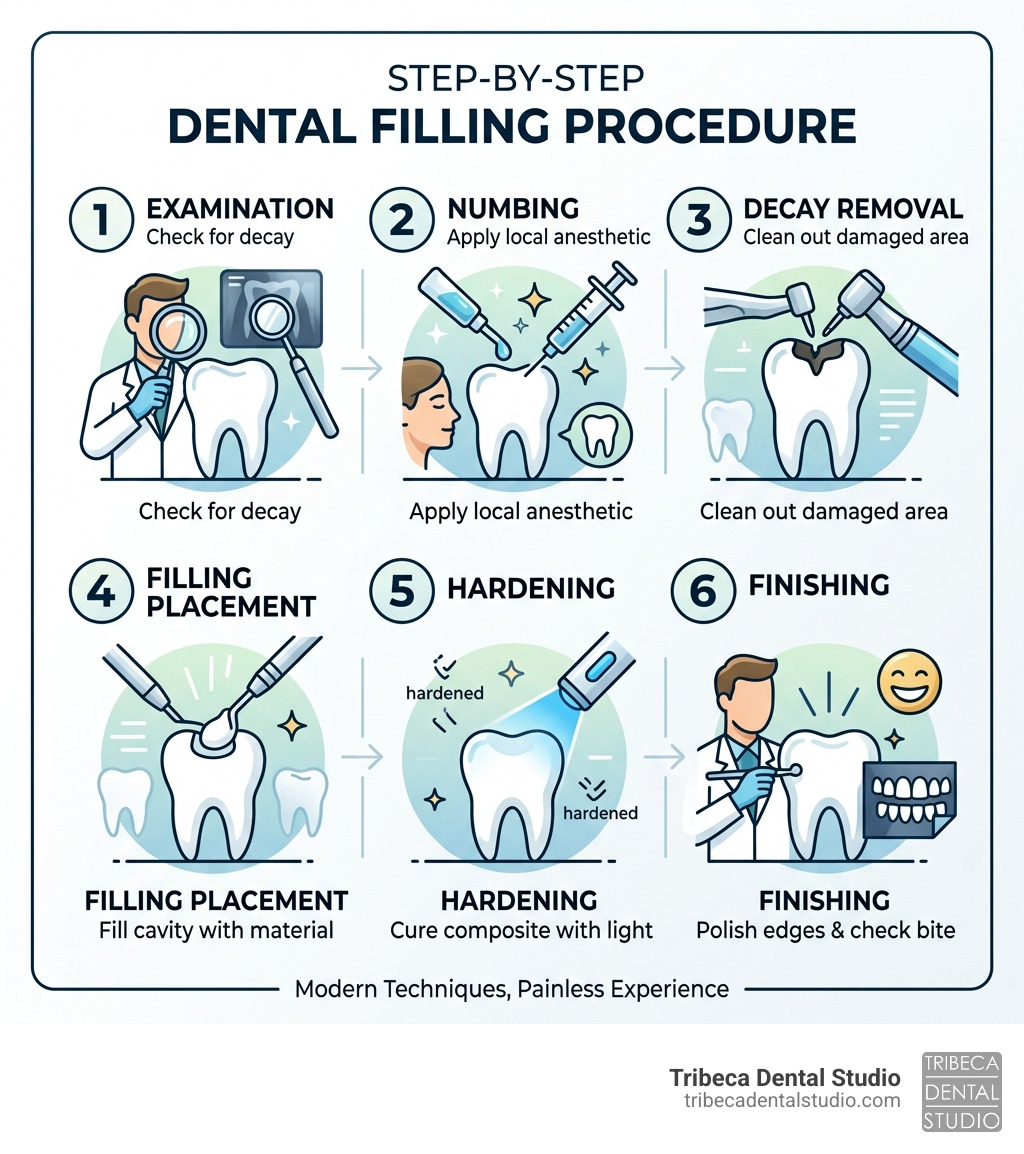 Step-by-step dental filling procedure infographic from exam to bite check - Dental filling procedure infographic Step-by-step dental filling procedure infographic from exam to bite check - Dental filling procedure infographic