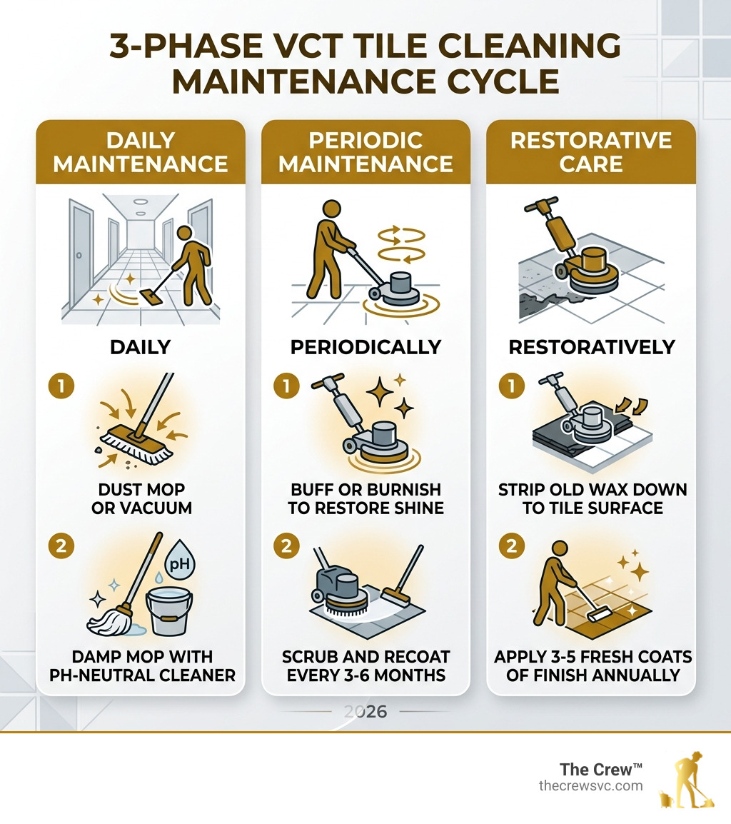 3-phase VCT tile cleaning maintenance cycle: daily, periodic, and restorative care steps - vct tile cleaning infographic 