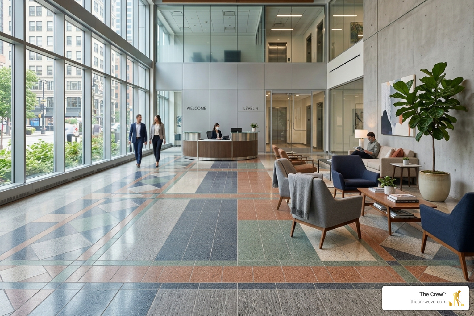 Different VCT tile colors and textures in a modern office setting - vct tile cleaning