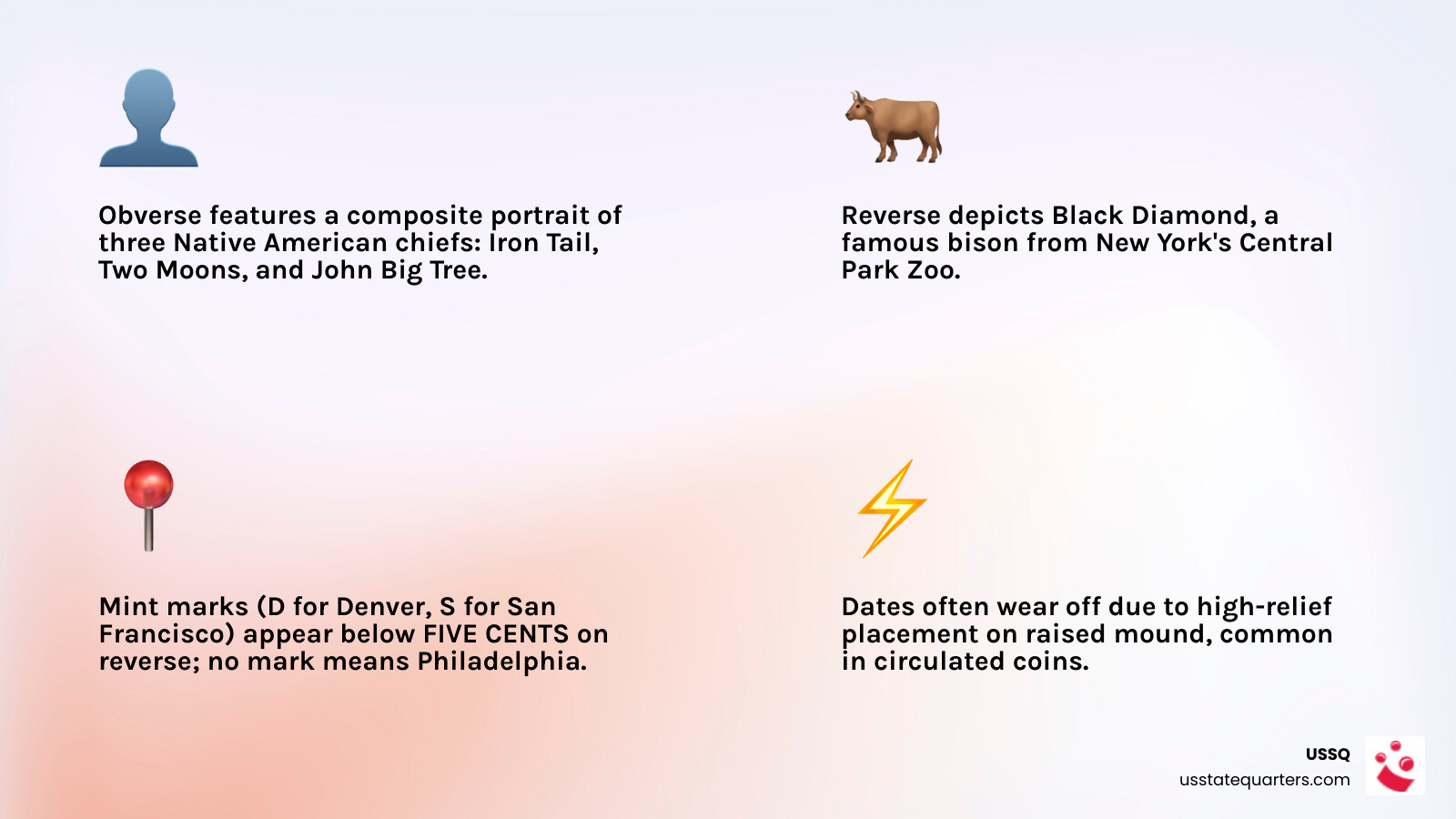 Infographic showing Buffalo Nickel anatomy, key design elements, value ranges by condition, and mint mark locations Infographic showing Buffalo Nickel anatomy, key design elements, value ranges by condition, and mint mark locations