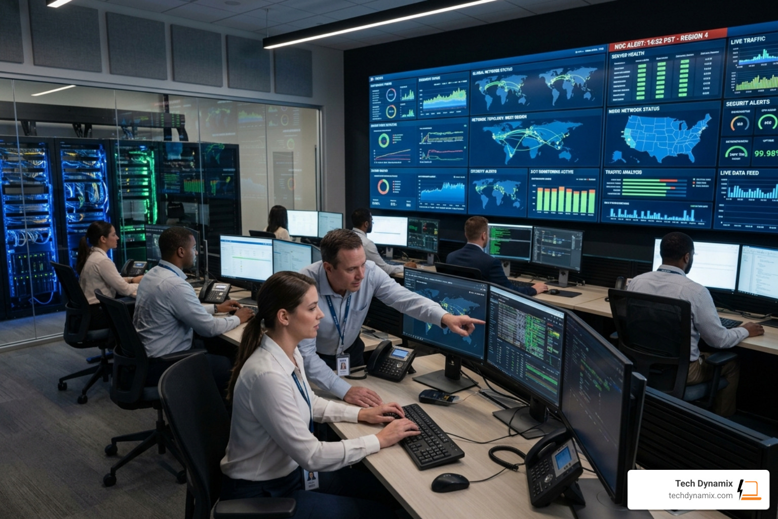 Network operations center with 24/7 monitoring screens - it infrastructure management services companies