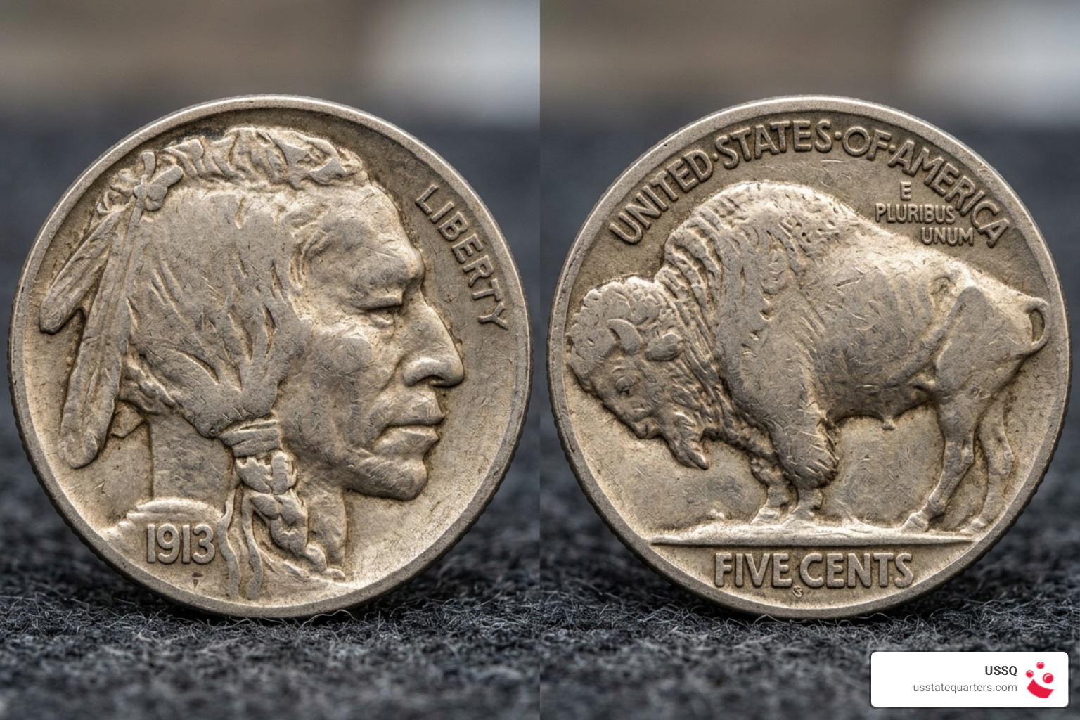 Close-up of the obverse Native American profile and the reverse American bison design - buffalo and indian head nickel value Close-up of the obverse Native American profile and the reverse American bison design - buffalo and indian head nickel value